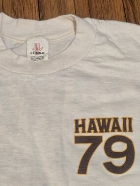 80s Hawaii 79 Graphic Tee - White with Brown & Gold Print. Hi Cru By Stedman